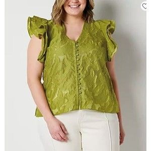 NEW Ryegrass Blouse Women Large V-Neck Ruffle Sleeve Chartreuse Green Textured